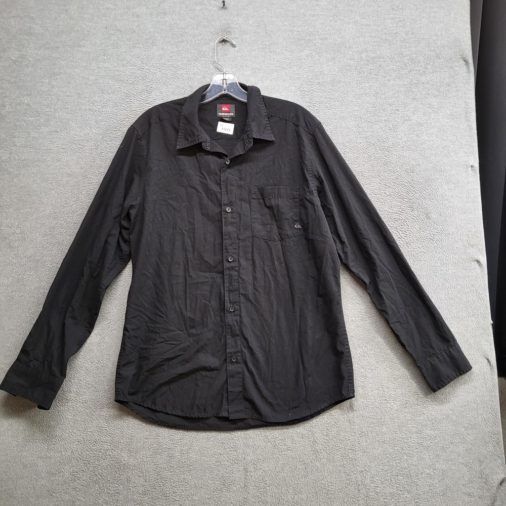 Quiksilver‎ Men Button Up Shirt Medium Black Y2K Grunge Logo Embroidered